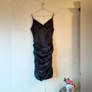 PrettyLittleThing Animal Print Black Satin Ruched Bodycon Dress Sexy Party Dress